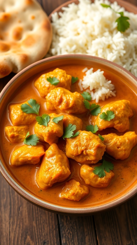 A bowl of chicken curry with rice and naan, garnished with cilantro.